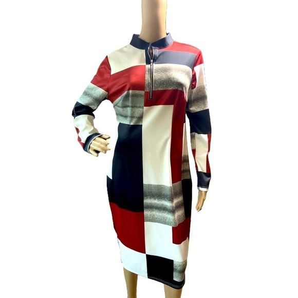 MOD Multicolored Geometric Long Sleeve High Neck Half Zip Classic Dress Size Med - Picture 1 of 14